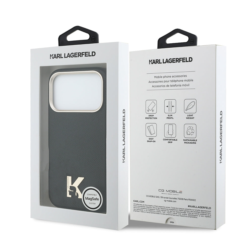 Apple iPhone 17 Pro Kılıf Karl Lagerfeld Orjinal Lisanslı M-safe Şarj Özellikli Gold Kamera Çerçeveli KHEAD Metal Logolu PU Deri Kapak Siyah