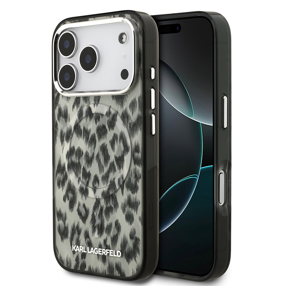 Apple iPhone 17 Pro Kılıf Karl Lagerfeld Orjinal Lisanslı M-safe Şarj Özellikli IML Leopar Baskılı Kapak Kahverengi