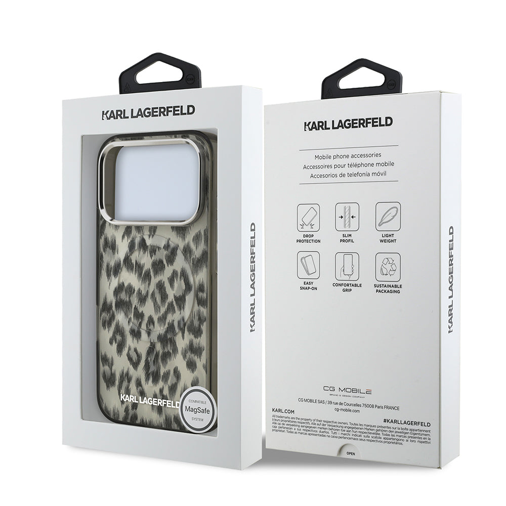 Apple iPhone 17 Pro Kılıf Karl Lagerfeld Orjinal Lisanslı M-safe Şarj Özellikli IML Leopar Baskılı Kapak Kahverengi