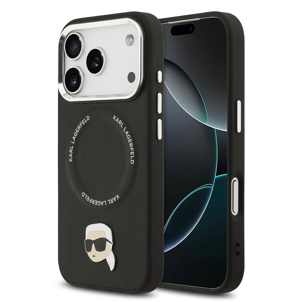 Apple iPhone 17 Pro Kılıf Karl Lagerfeld Orjinal Lisanslı M-safe Şarj Özellikli Metal Kamera ve Buton Tasarımlı Karl PU Deri Kapak Siyah