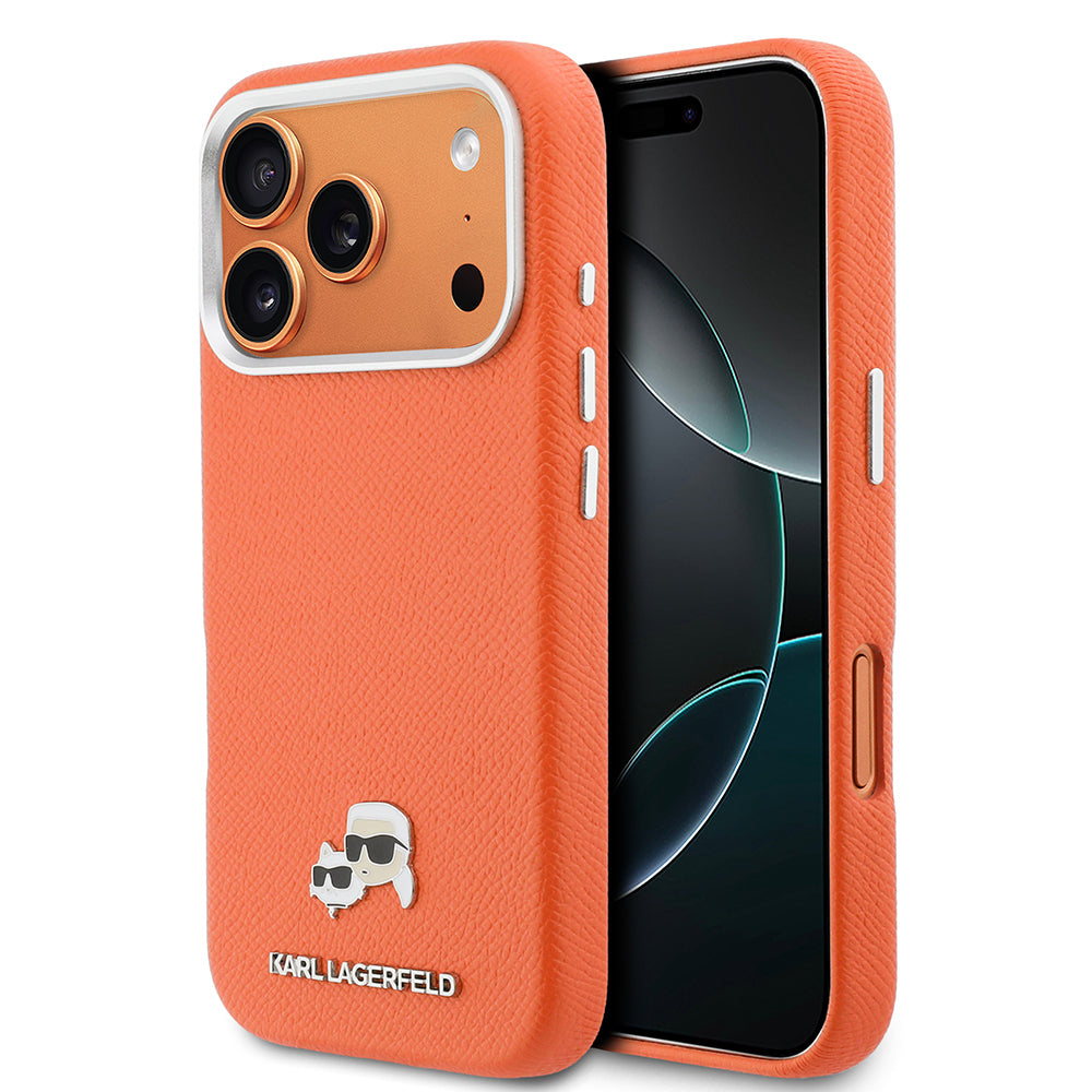 Apple iPhone 17 Pro Kılıf Karl Lagerfeld Orjinal Lisanslı M-safe Şarj Özellikli Metal Kamera ve Buton Tasarımlı K&C Head Logolu PU Deri Kapak Turuncu