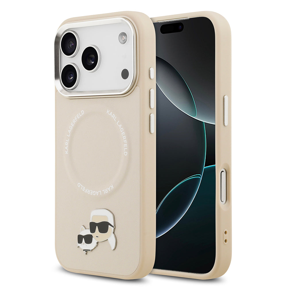 Apple iPhone 17 Pro Kılıf Karl Lagerfeld Orjinal Lisanslı M-safe Şarj Özellikli Metal Kamera ve Buton Tasarımlı K&C PU Deri Kapak Bej