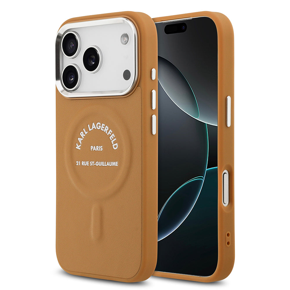 Apple iPhone 17 Pro Kılıf Karl Lagerfeld Orjinal Lisanslı M-safe Şarj Özellikli Metal Kamera ve Buton Tasarımlı Paris RSG PU Deri Kapak Kahverengi