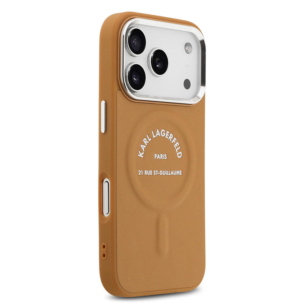 Apple iPhone 17 Pro Kılıf Karl Lagerfeld Orjinal Lisanslı M-safe Şarj Özellikli Metal Kamera ve Buton Tasarımlı Paris RSG PU Deri Kapak Kahverengi