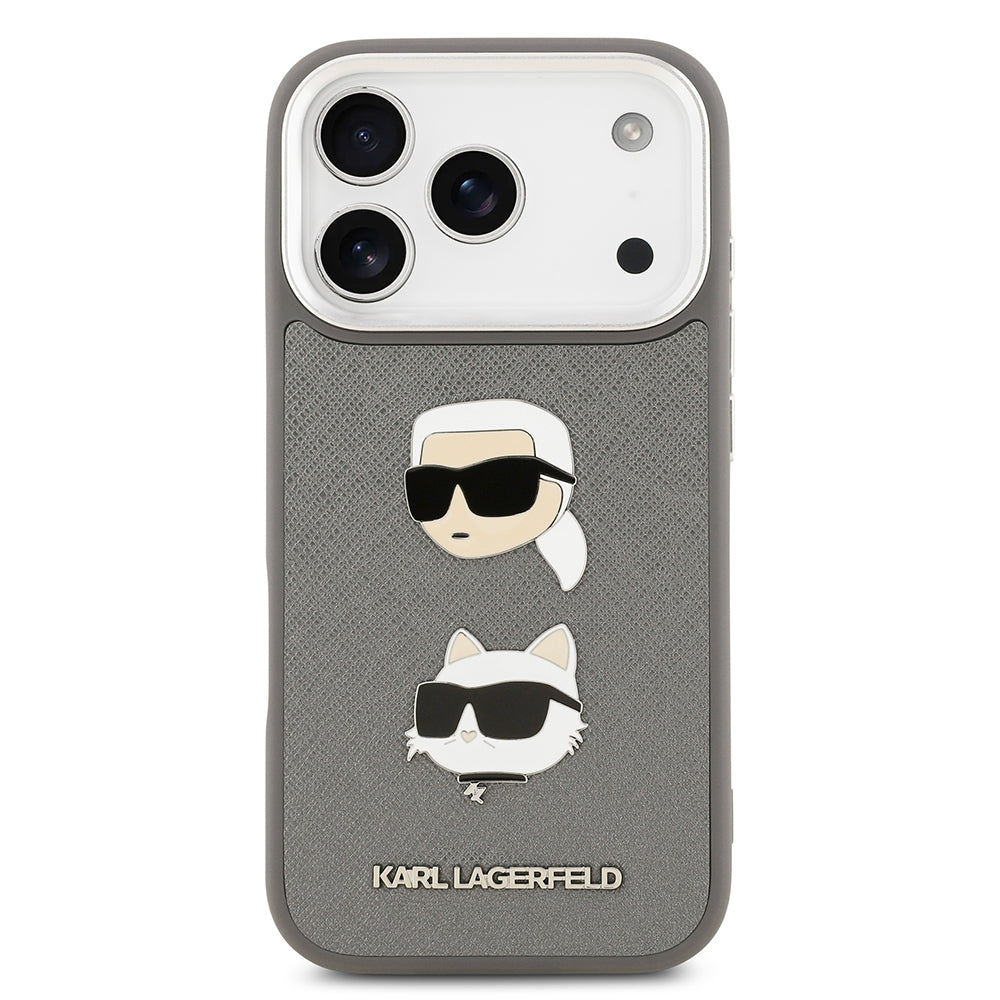Apple iPhone 17 Pro Kılıf Karl Lagerfeld Orjinal Lisanslı Metal Logolu K&C Heads Pin Kapak Gri