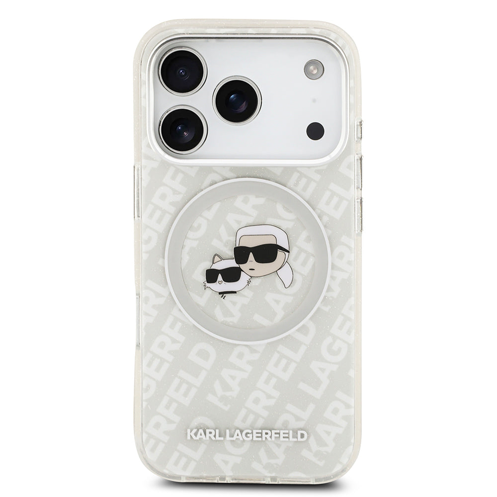 Apple iPhone 17 Pro Kılıf Karl Lagerfeld Orjinal Lisanslı Parlayan Simli Karl & Choupette Heads Kapak Gri