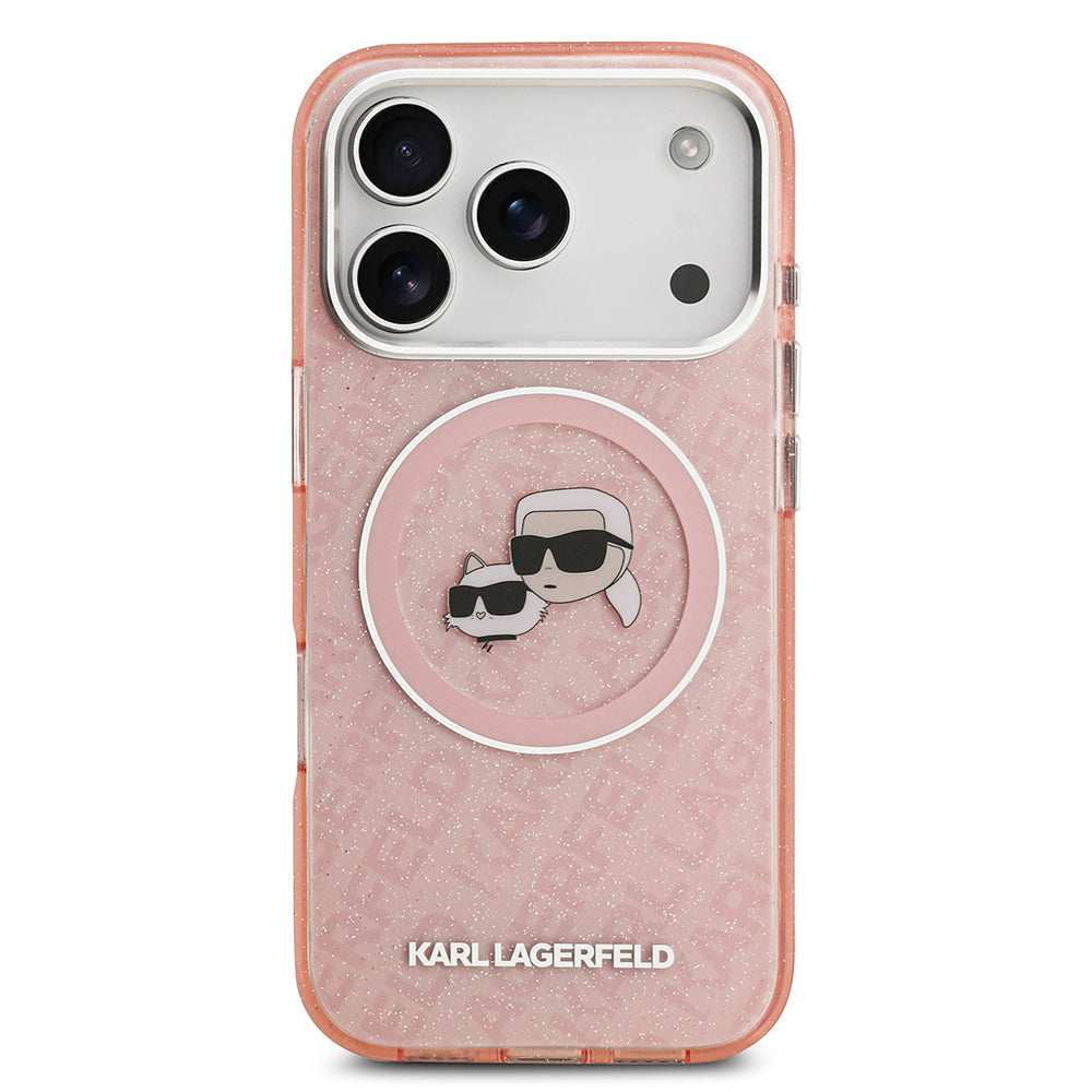 Apple iPhone 17 Pro Kılıf Karl Lagerfeld Orjinal Lisanslı Parlayan Simli Karl & Choupette Heads Kapak Pembe