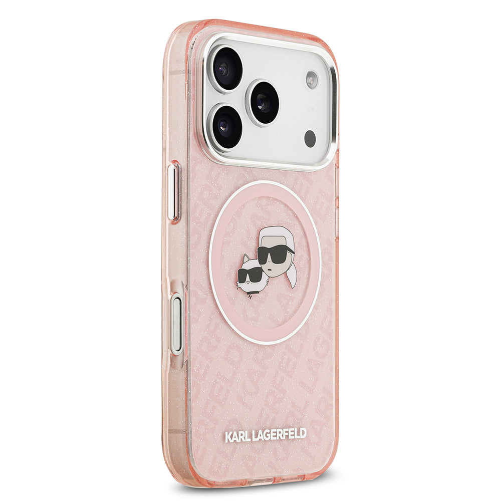 Apple iPhone 17 Pro Kılıf Karl Lagerfeld Orjinal Lisanslı Parlayan Simli Karl & Choupette Heads Kapak Pembe
