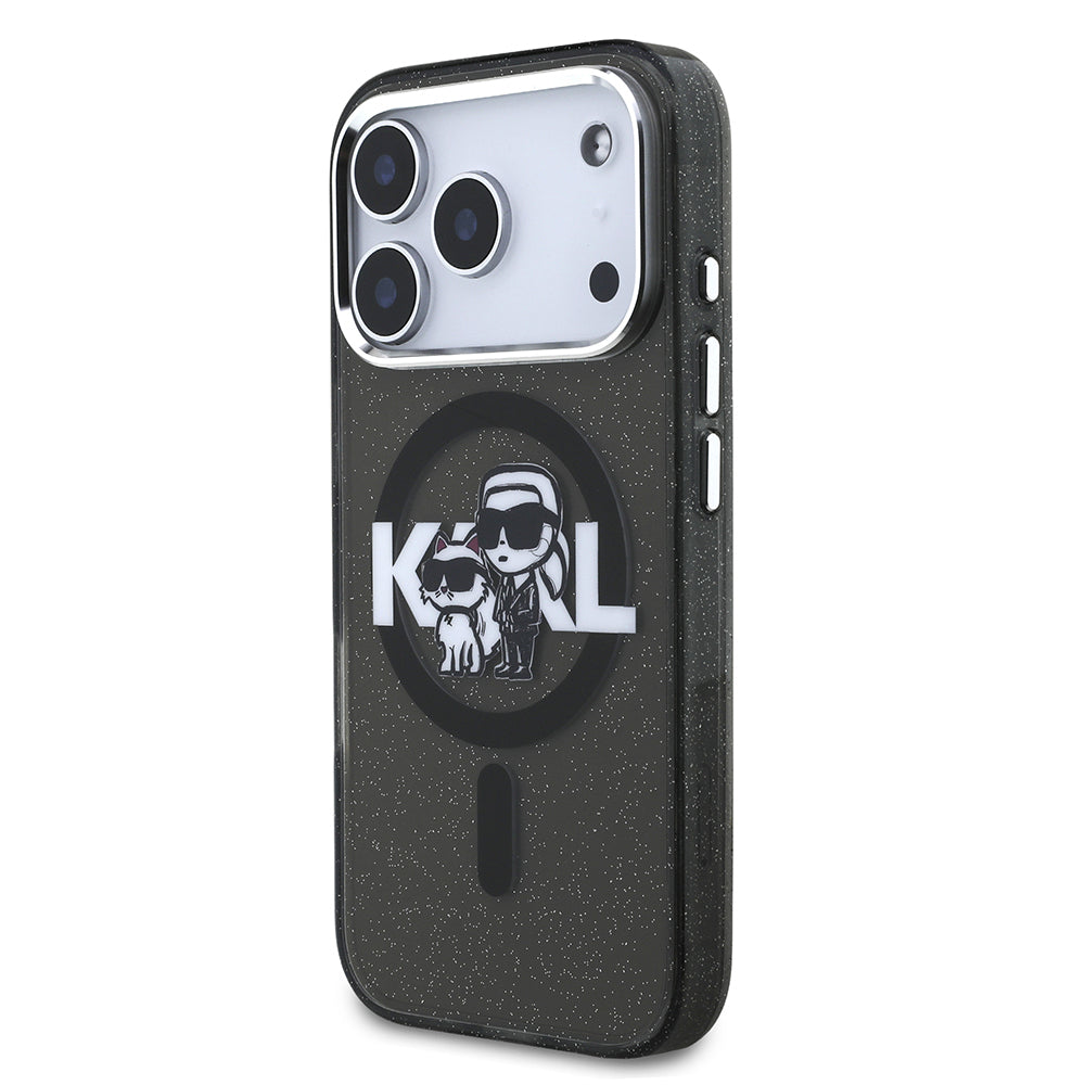 Apple iPhone 17 Pro Kılıf Karl Lagerfeld Orjinal Lisanslı Parlayan Simli Karl & Choupette Sketch Logo Kapak Siyah