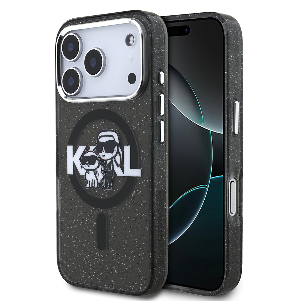 Apple iPhone 17 Pro Kılıf Karl Lagerfeld Orjinal Lisanslı Parlayan Simli Karl & Choupette Sketch Logo Kapak Siyah