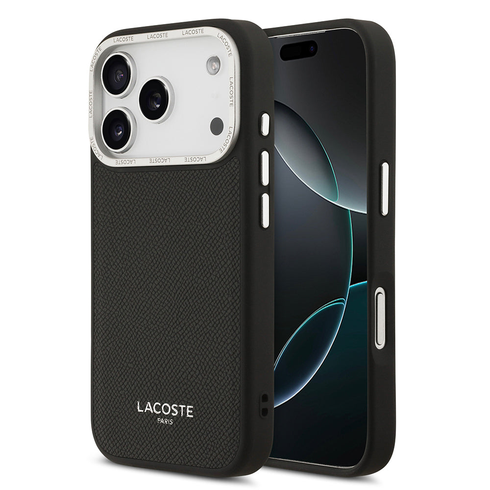 Apple iPhone 17 Pro Kılıf Lacoste Orjinal Lisanslı M-safe Şarj Özellikli Champs Elysees PU Deri Tasarımlı Kapak Siyah
