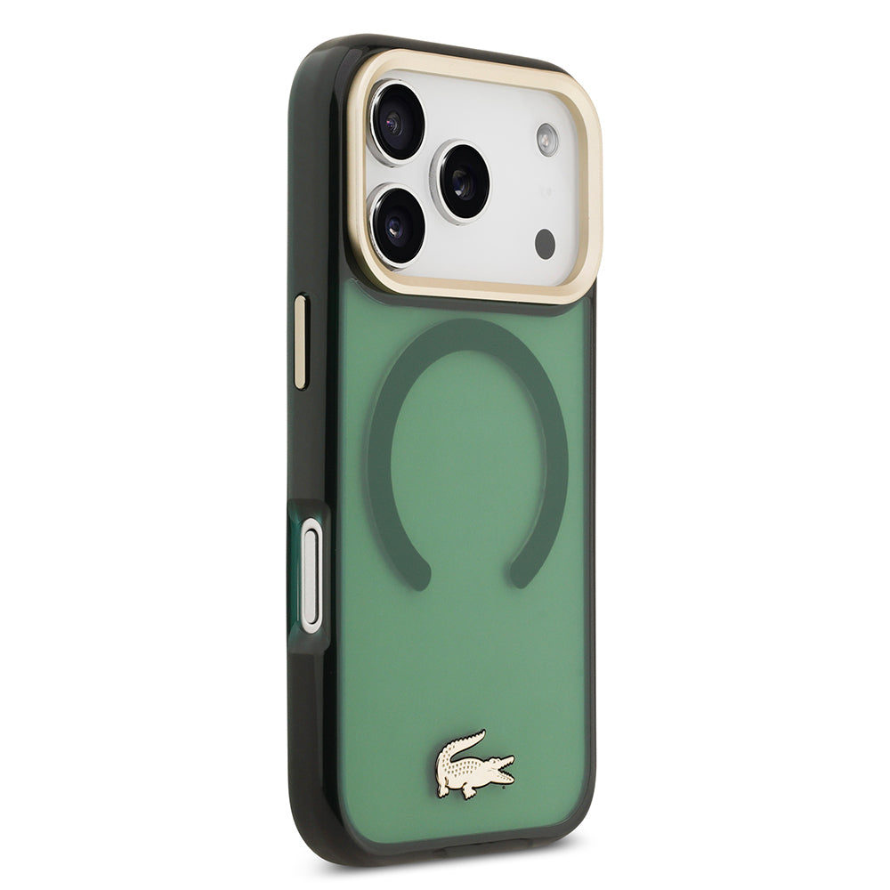 Apple iPhone 17 Pro Kılıf Lacoste Orjinal Lisanslı M-safe Şarj Özellikli Gold Timsah Logolu Buzlu Kapak Yeşil