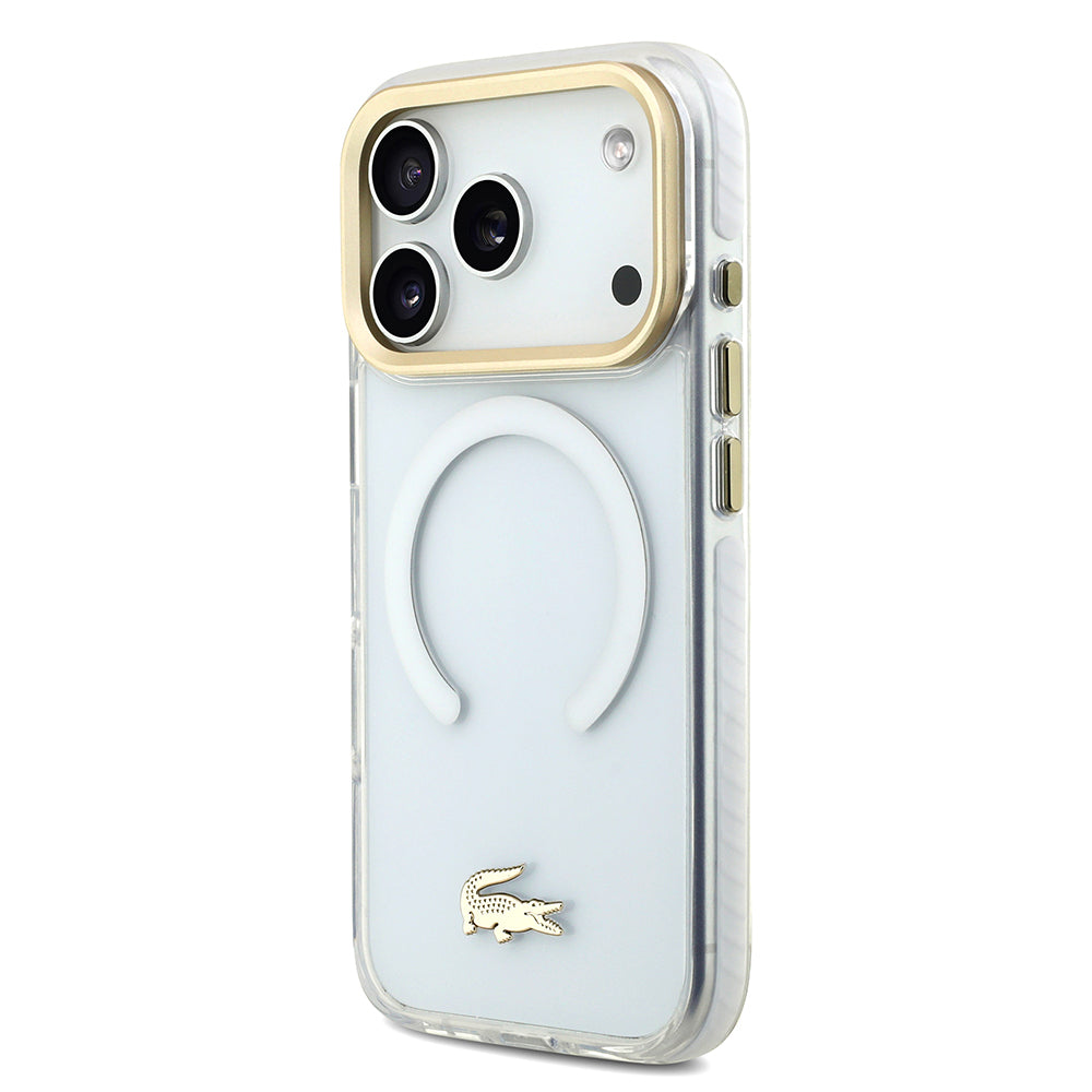 Apple iPhone 17 Pro Kılıf Lacoste Orjinal Lisanslı M-safe Şarj Özellikli Gold Timsah Logolu Buzlu Kapak Beyaz