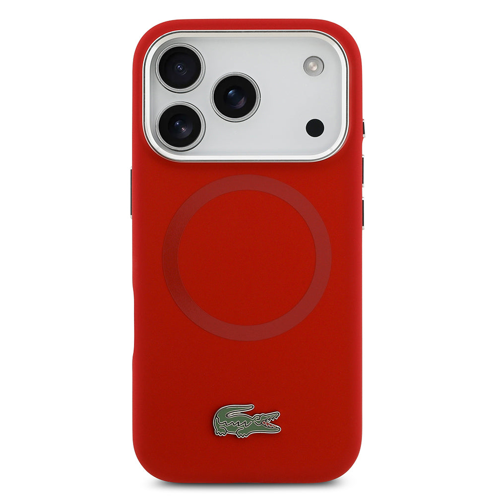 Apple iPhone 17 Pro Kılıf Lacoste Orjinal Lisanslı M-safe Şarj Özellikli İkonik Logolu Metal Kamera Çerçeveli Silikon Kapak Kırmızı