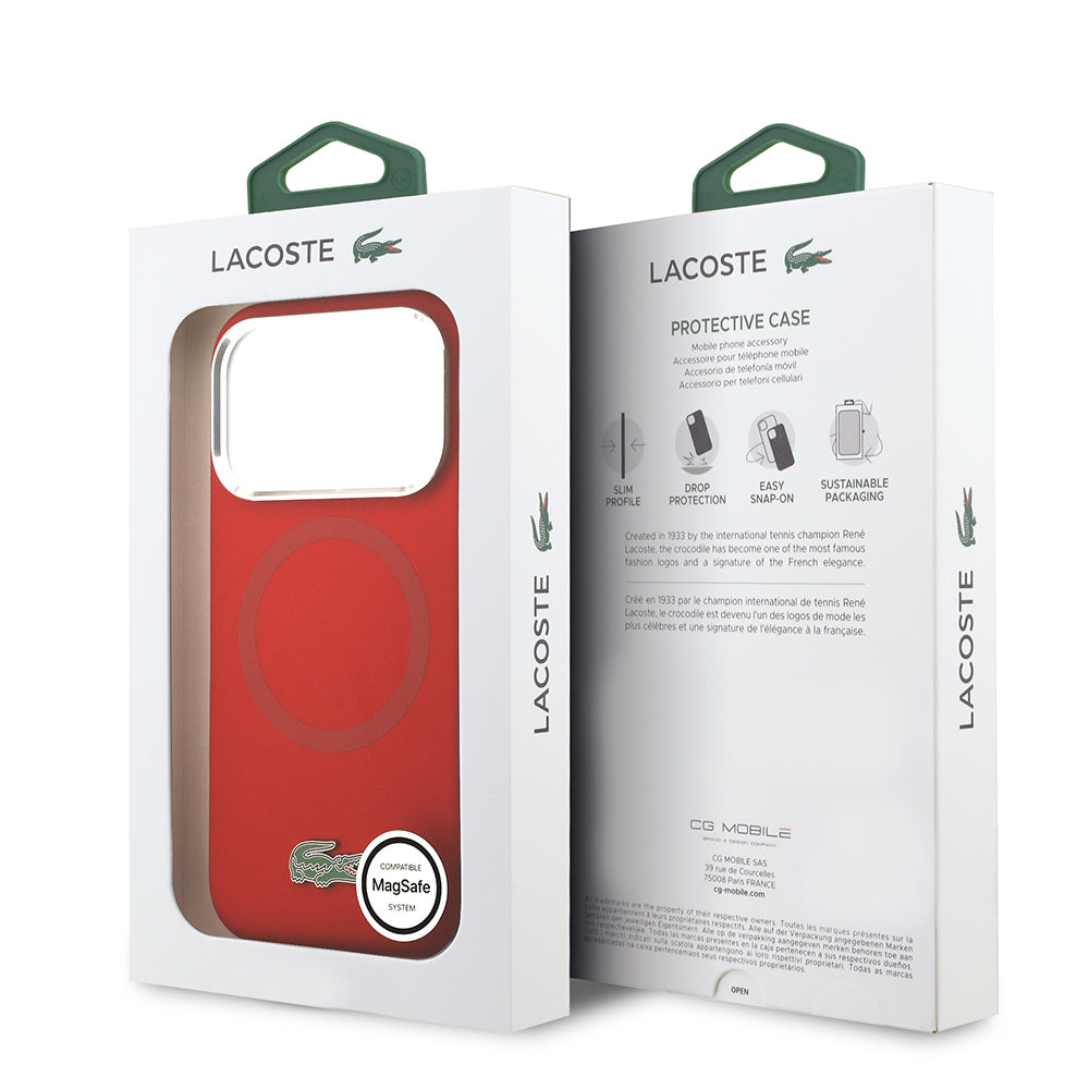 Apple iPhone 17 Pro Kılıf Lacoste Orjinal Lisanslı M-safe Şarj Özellikli İkonik Logolu Metal Kamera Çerçeveli Silikon Kapak Kırmızı