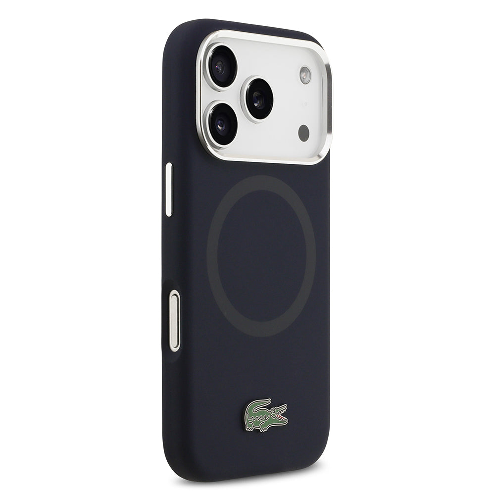 Apple iPhone 17 Pro Kılıf Lacoste Orjinal Lisanslı M-safe Şarj Özellikli İkonik Logolu Metal Kamera Çerçeveli Silikon Kapak Lacivert