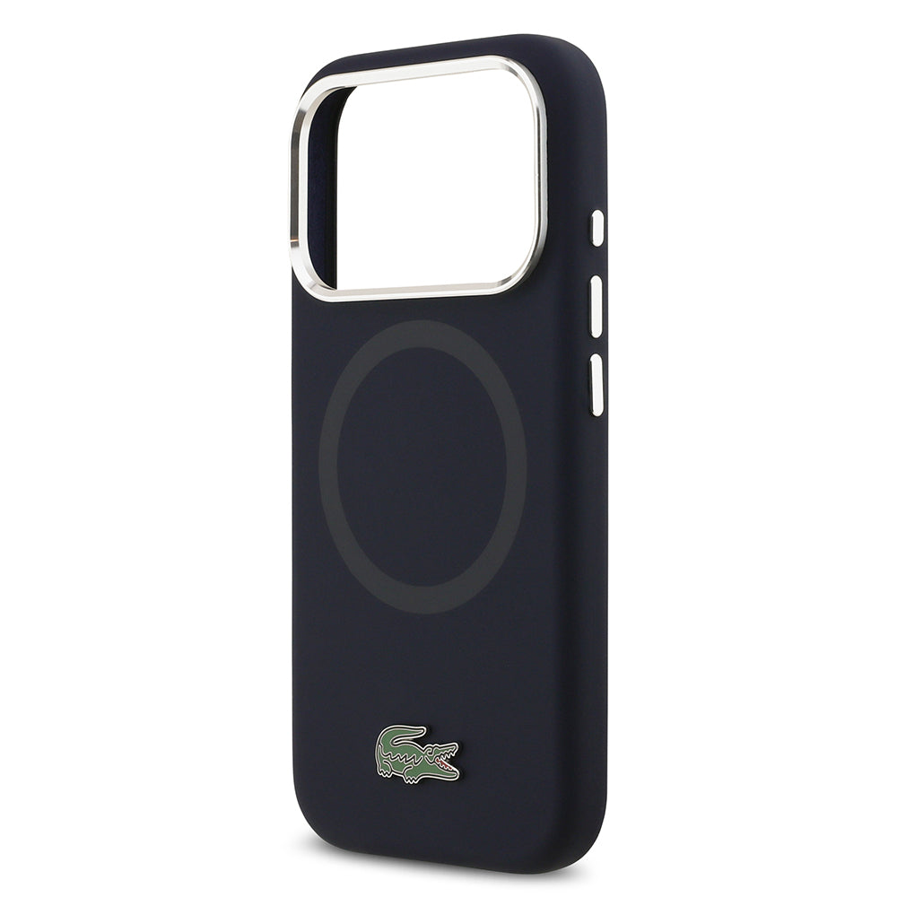 Apple iPhone 17 Pro Kılıf Lacoste Orjinal Lisanslı M-safe Şarj Özellikli İkonik Logolu Metal Kamera Çerçeveli Silikon Kapak Lacivert