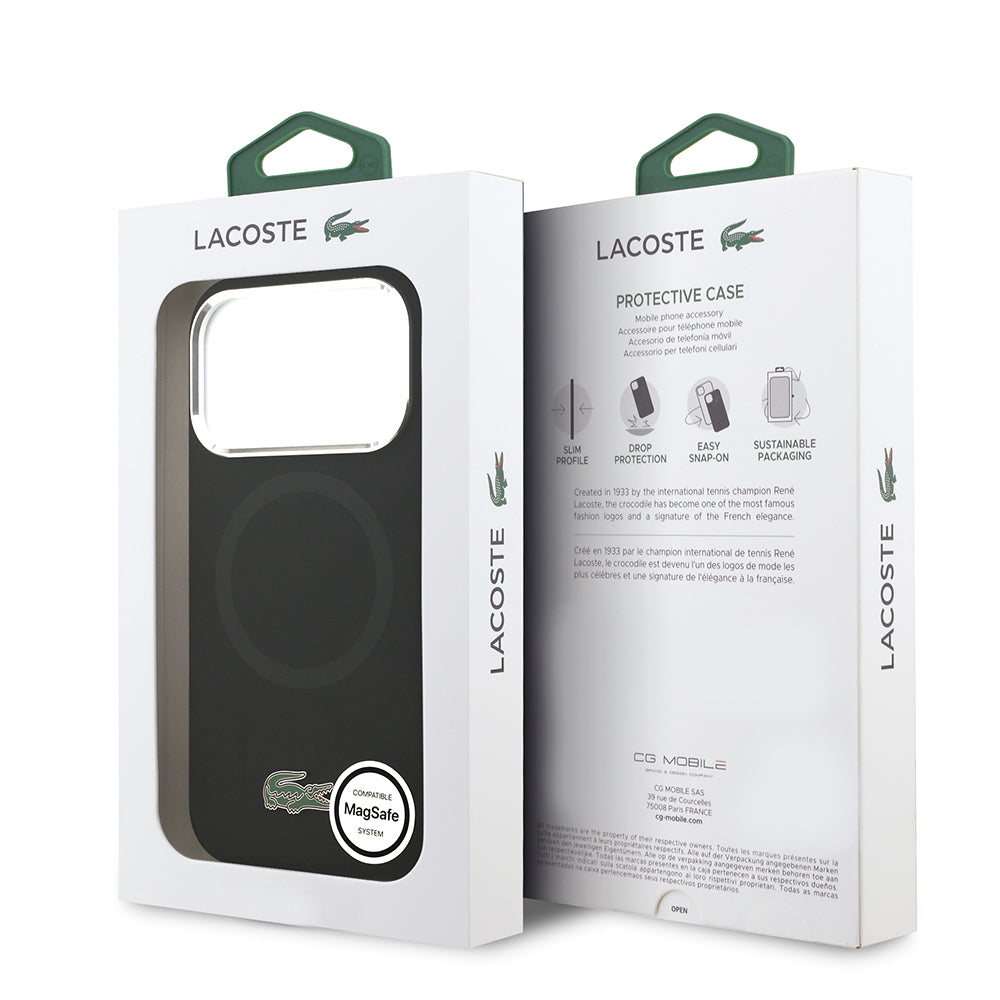 Apple iPhone 17 Pro Kılıf Lacoste Orjinal Lisanslı M-safe Şarj Özellikli İkonik Logolu Metal Kamera Çerçeveli Silikon Kapak Siyah