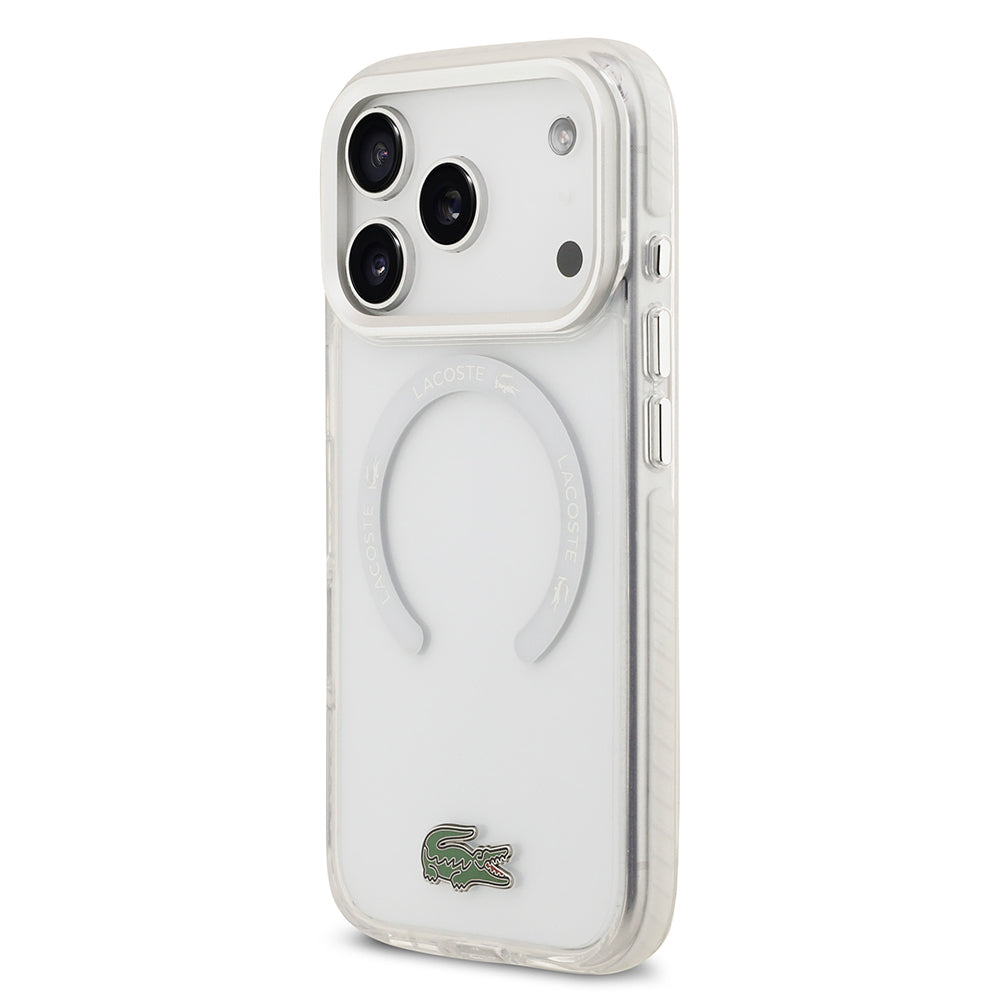 Apple iPhone 17 Pro Kılıf Lacoste Orjinal Lisanslı M-safe Şarj Özellikli İkonik Timsah Logolu Buzlu Kapak Beyaz