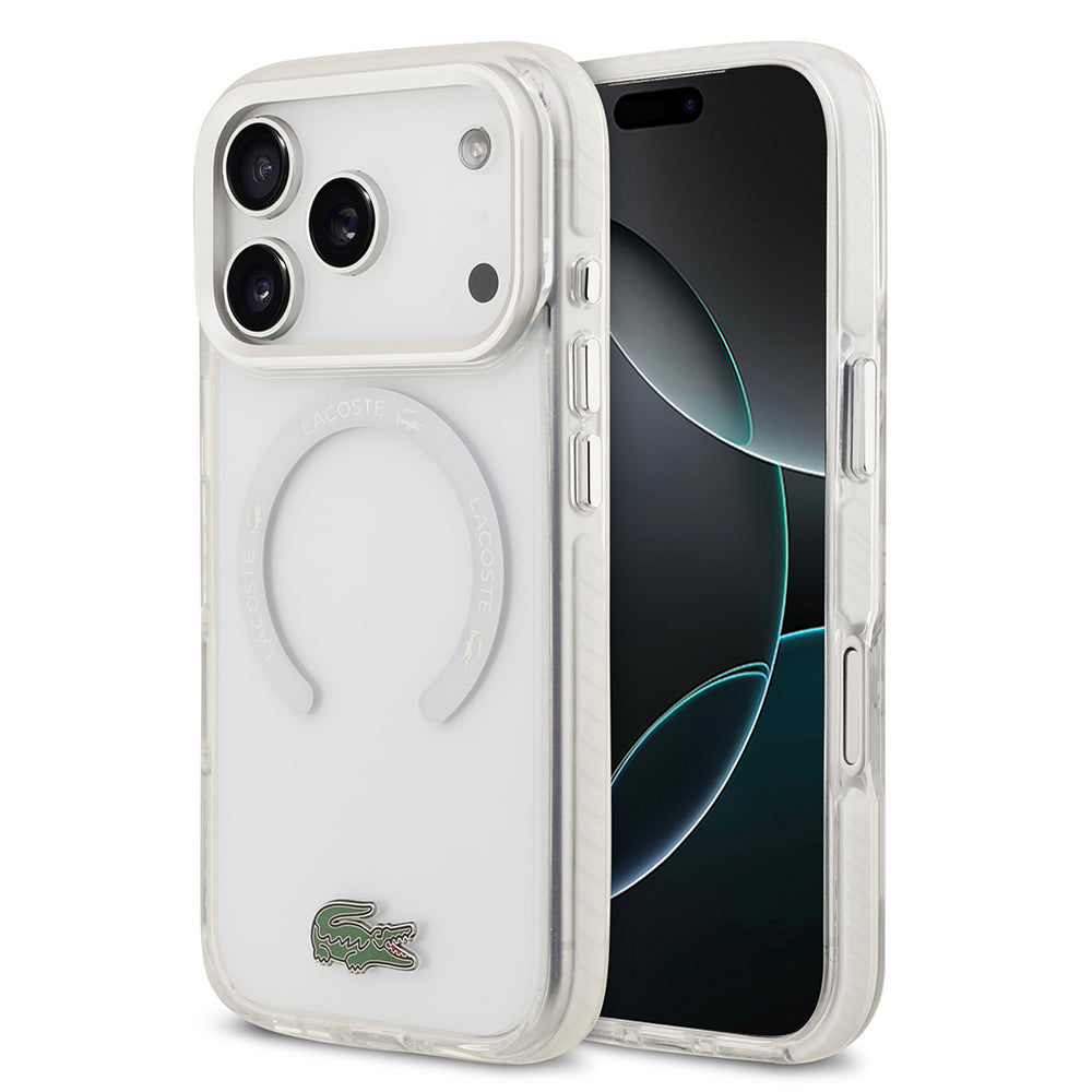 Apple iPhone 17 Pro Kılıf Lacoste Orjinal Lisanslı M-safe Şarj Özellikli İkonik Timsah Logolu Buzlu Kapak Beyaz