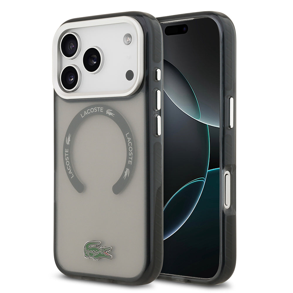 Apple iPhone 17 Pro Kılıf Lacoste Orjinal Lisanslı M-safe Şarj Özellikli İkonik Timsah Logolu Buzlu Kapak Gri