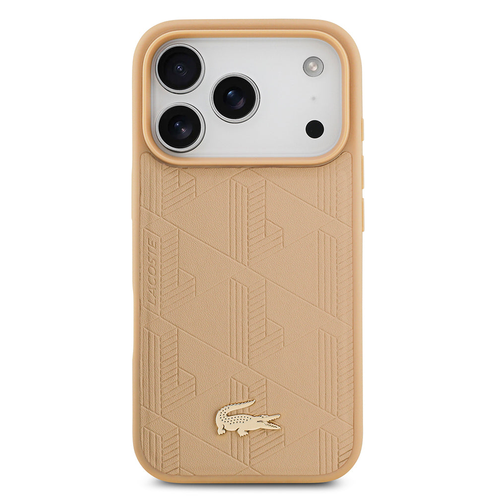 Apple iPhone 17 Pro Kılıf Lacoste Orjinal Lisanslı M-safe Şarj Özellikli PU Deri Tasarımlı Karışık Monogram Desenli Kapak Bej