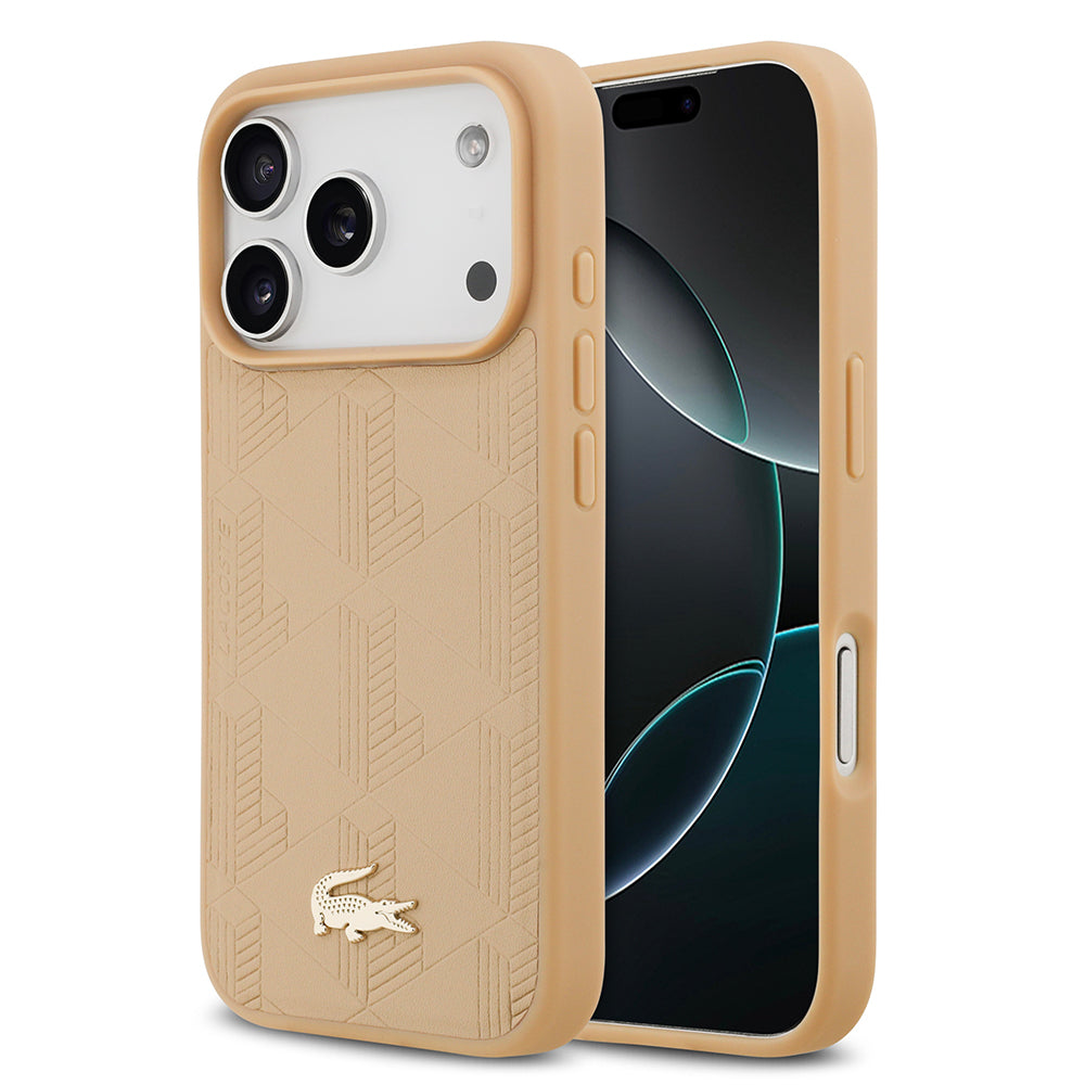 Apple iPhone 17 Pro Kılıf Lacoste Orjinal Lisanslı M-safe Şarj Özellikli PU Deri Tasarımlı Karışık Monogram Desenli Kapak Bej