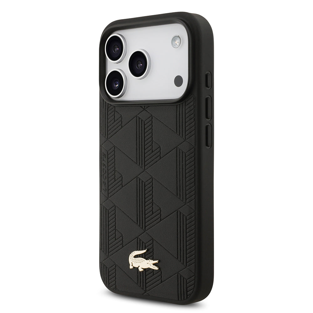 Apple iPhone 17 Pro Kılıf Lacoste Orjinal Lisanslı M-safe Şarj Özellikli PU Deri Tasarımlı Karışık Monogram Desenli Kapak Siyah