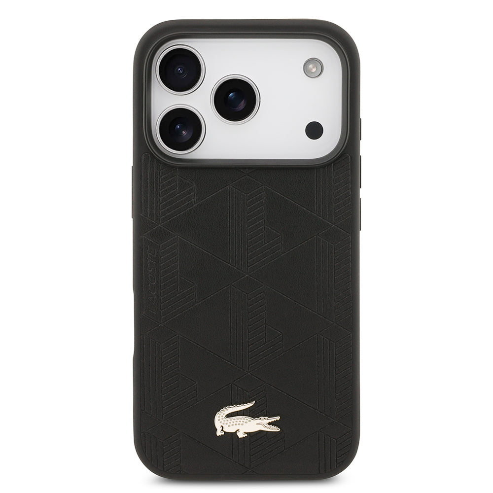 Apple iPhone 17 Pro Kılıf Lacoste Orjinal Lisanslı M-safe Şarj Özellikli PU Deri Tasarımlı Karışık Monogram Desenli Kapak Siyah