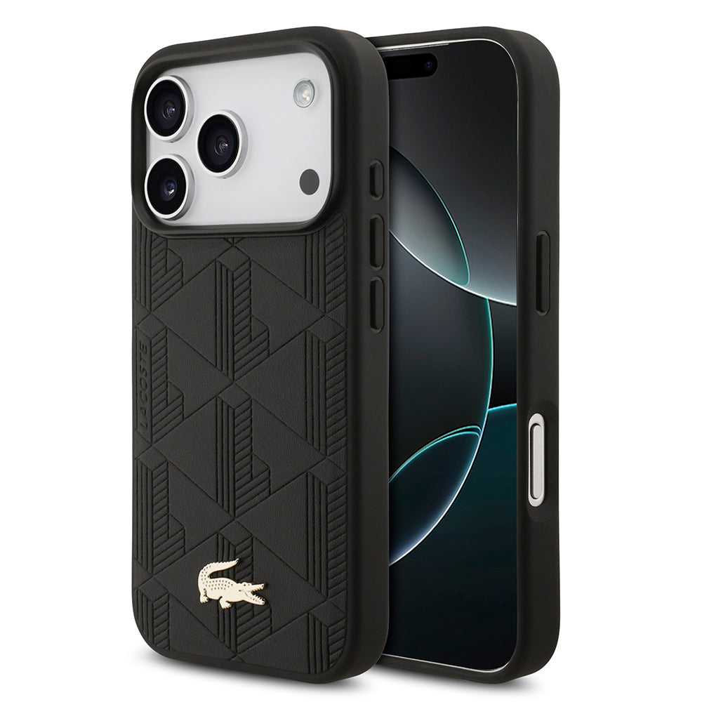 Apple iPhone 17 Pro Kılıf Lacoste Orjinal Lisanslı M-safe Şarj Özellikli PU Deri Tasarımlı Karışık Monogram Desenli Kapak Siyah