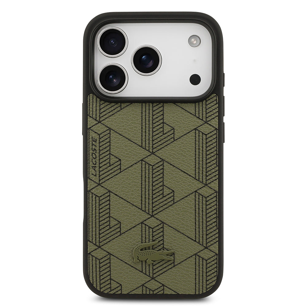 Apple iPhone 17 Pro Kılıf Lacoste Orjinal Lisanslı M-safe Şarj Özellikli PU Deri Tasarımlı Kartlıklı Karışık Monogram Desenli Kapak Yeşil