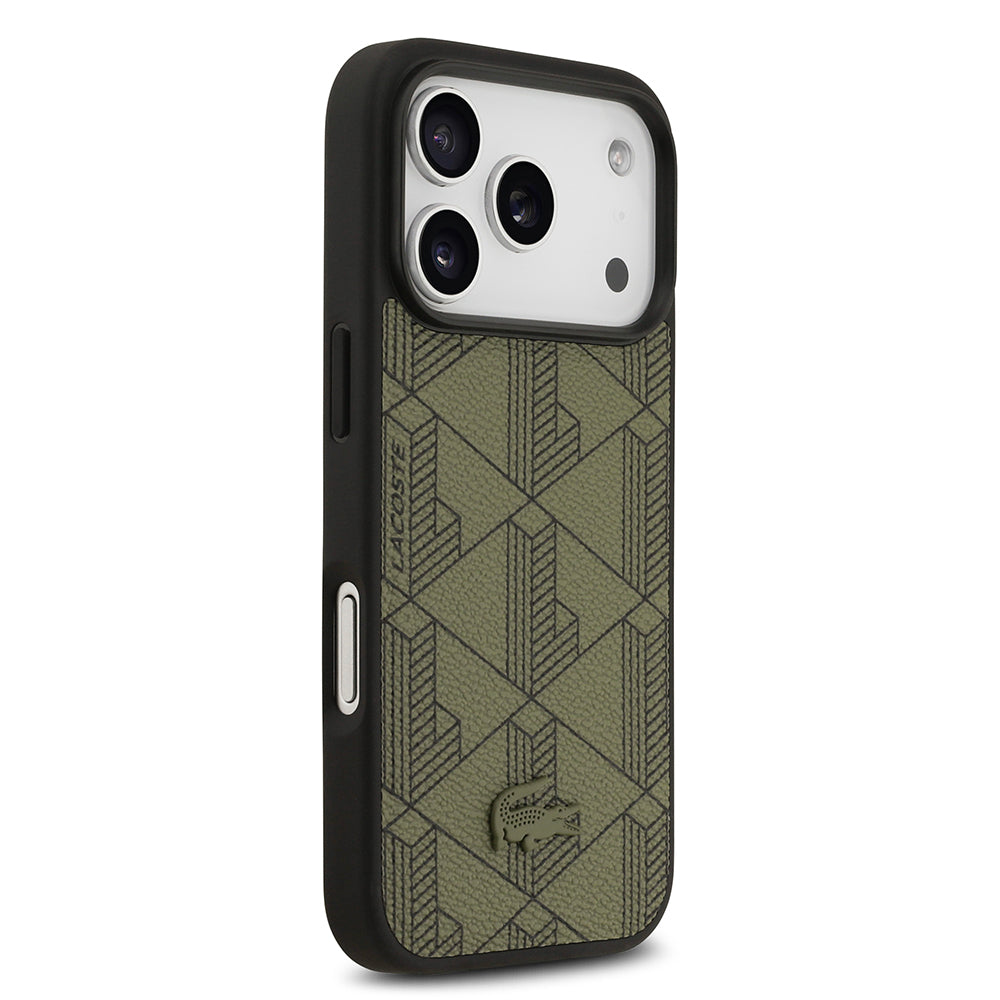 Apple iPhone 17 Pro Kılıf Lacoste Orjinal Lisanslı M-safe Şarj Özellikli PU Deri Tasarımlı Kartlıklı Karışık Monogram Desenli Kapak Yeşil