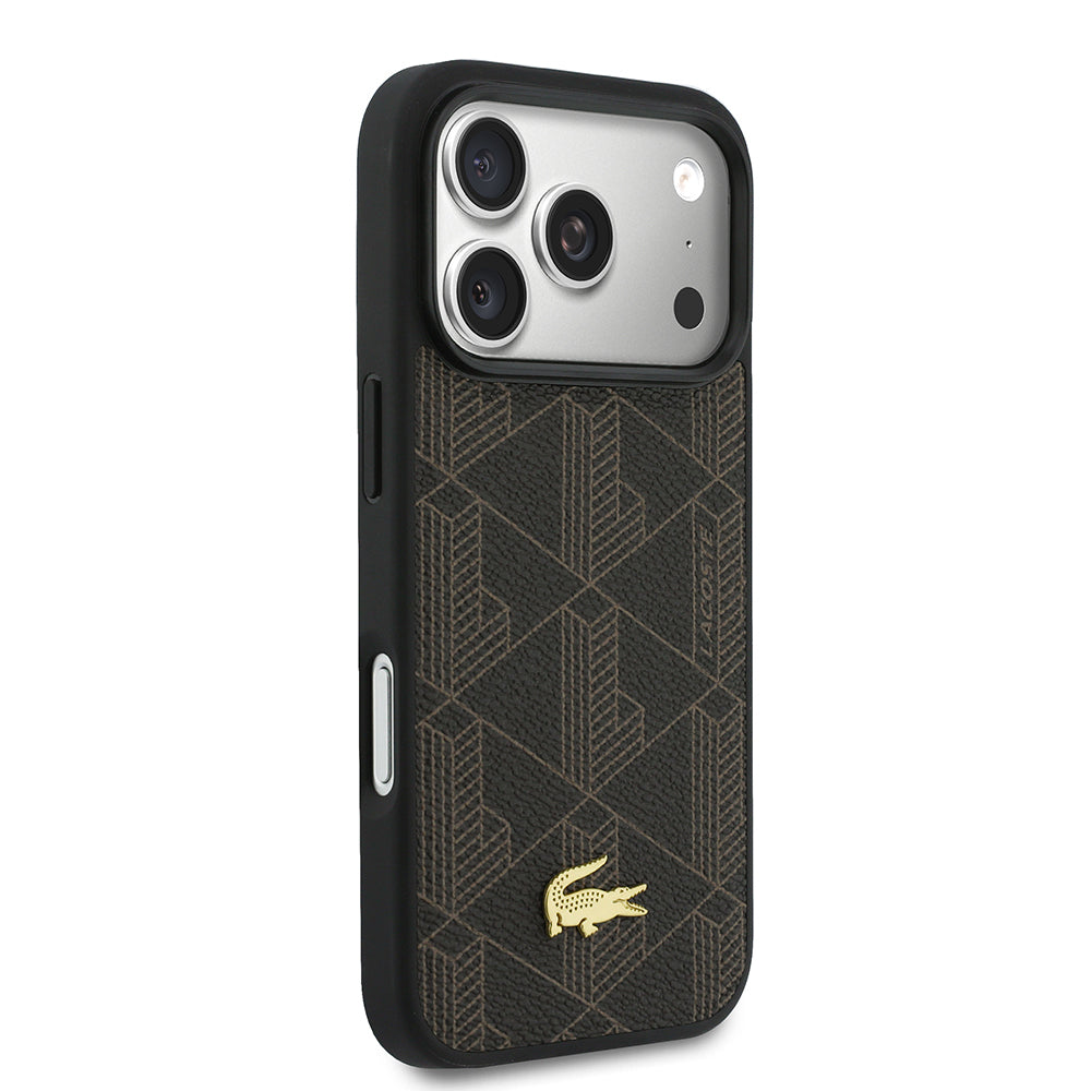 Apple iPhone 17 Pro Kılıf Lacoste Orjinal Lisanslı M-safe Şarj Özellikli PU Deri Tasarımlı Kartlıklı Karışık Monogram Desenli Kapak Kahverengi