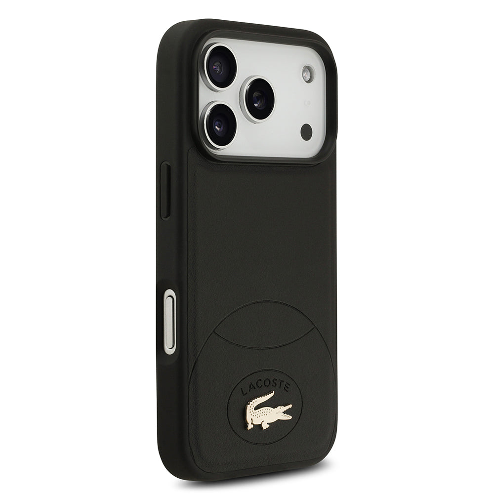 Apple iPhone 17 Pro Kılıf Lacoste Orjinal Lisanslı M-safe Şarj Özellikli PU Deri Tasarımlı Metal Logolu Kapak Siyah