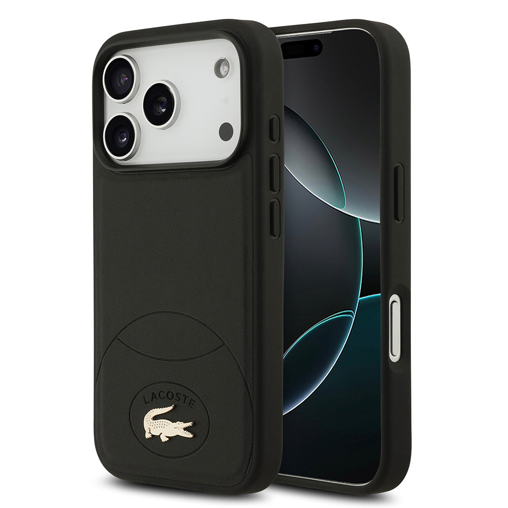 Apple iPhone 17 Pro Kılıf Lacoste Orjinal Lisanslı M-safe Şarj Özellikli PU Deri Tasarımlı Metal Logolu Kapak Siyah