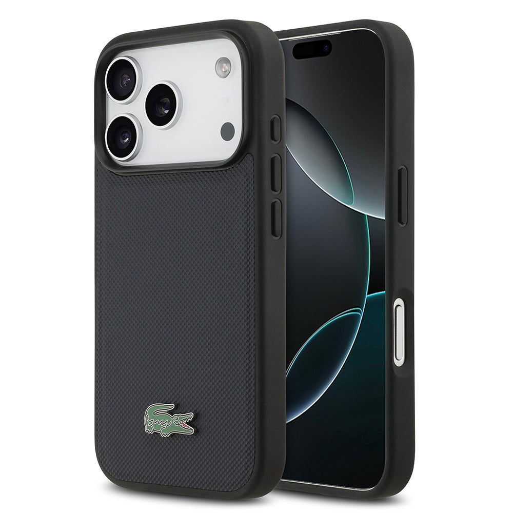 Apple iPhone 17 Pro Kılıf Lacoste Orjinal Lisanslı M-safe Şarj Özellikli PU Pike Desenli Metal Logolu Kapak Lacivert