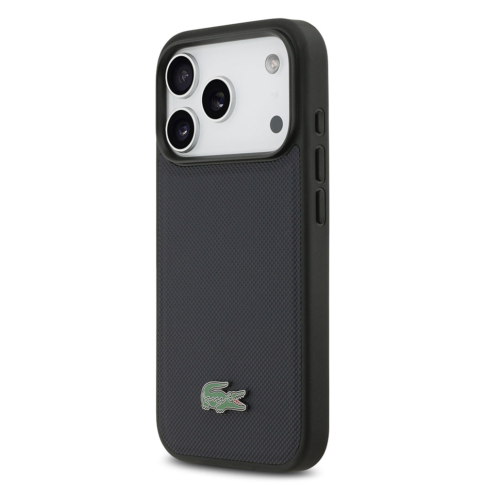 Apple iPhone 17 Pro Kılıf Lacoste Orjinal Lisanslı M-safe Şarj Özellikli PU Pike Desenli Metal Logolu Kapak Lacivert