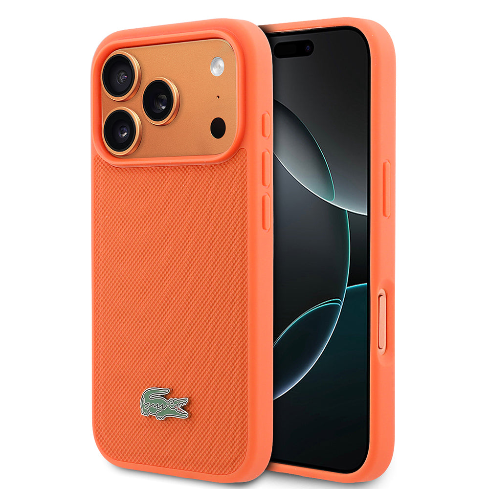 Apple iPhone 17 Pro Kılıf Lacoste Orjinal Lisanslı M-safe Şarj Özellikli PU Pike Desenli Metal Logolu Kapak Turuncu