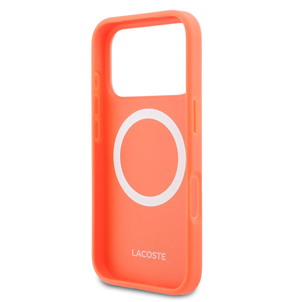 Apple iPhone 17 Pro Kılıf Lacoste Orjinal Lisanslı M-safe Şarj Özellikli PU Pike Desenli Metal Logolu Kapak Turuncu