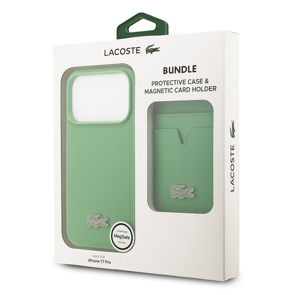 Apple iPhone 17 Pro Kılıf Lacoste Orjinal Lisanslı M-safe Şarj Özellikli PU Pike Desenli Metal Logolu Kartlıklı Kapak Yeşil