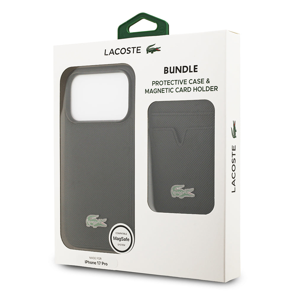 Apple iPhone 17 Pro Kılıf Lacoste Orjinal Lisanslı M-safe Şarj Özellikli PU Pike Desenli Metal Logolu Kartlıklı Kapak Siyah