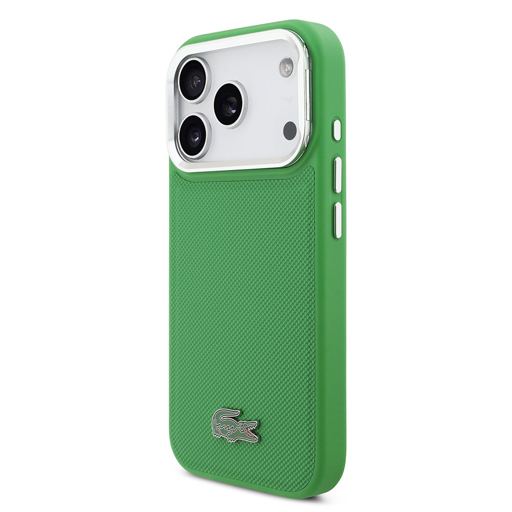Apple iPhone 17 Pro Kılıf Lacoste Orjinal Lisanslı M-safe Şarj Özellikli PU Pike Desenli Standlı Metal Logolu Kapak Yeşil