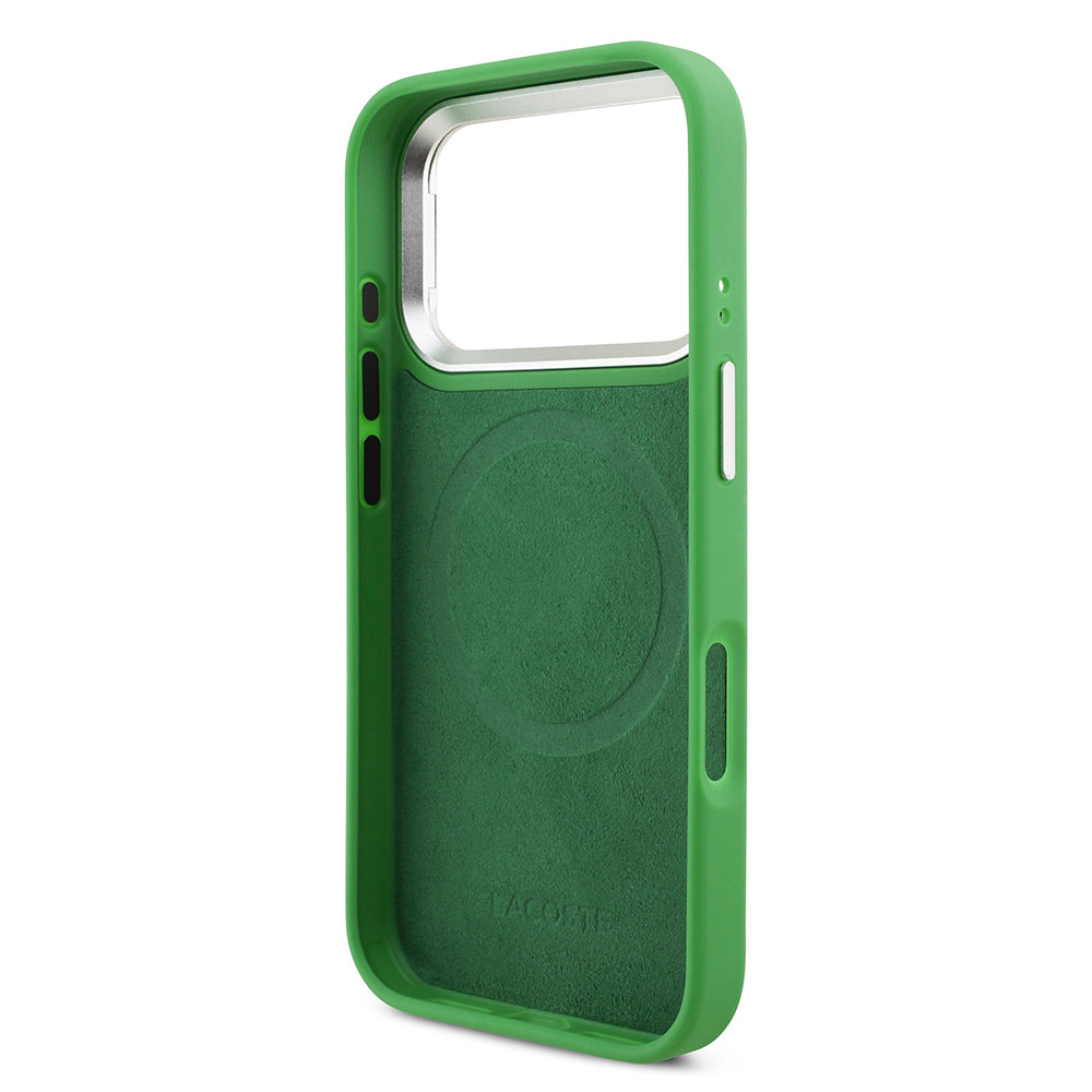 Apple iPhone 17 Pro Kılıf Lacoste Orjinal Lisanslı M-safe Şarj Özellikli PU Pike Desenli Standlı Metal Logolu Kapak Yeşil