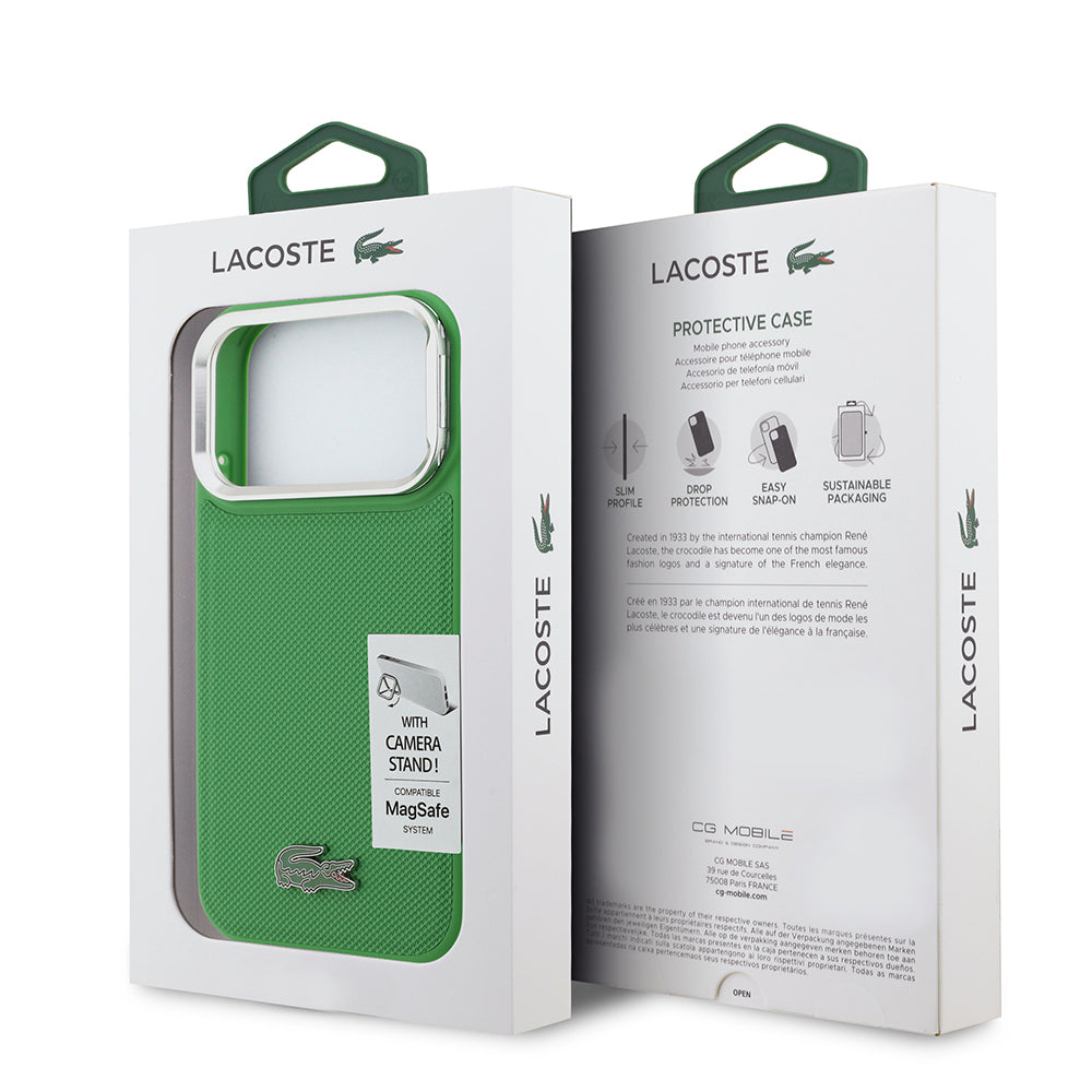 Apple iPhone 17 Pro Kılıf Lacoste Orjinal Lisanslı M-safe Şarj Özellikli PU Pike Desenli Standlı Metal Logolu Kapak Yeşil
