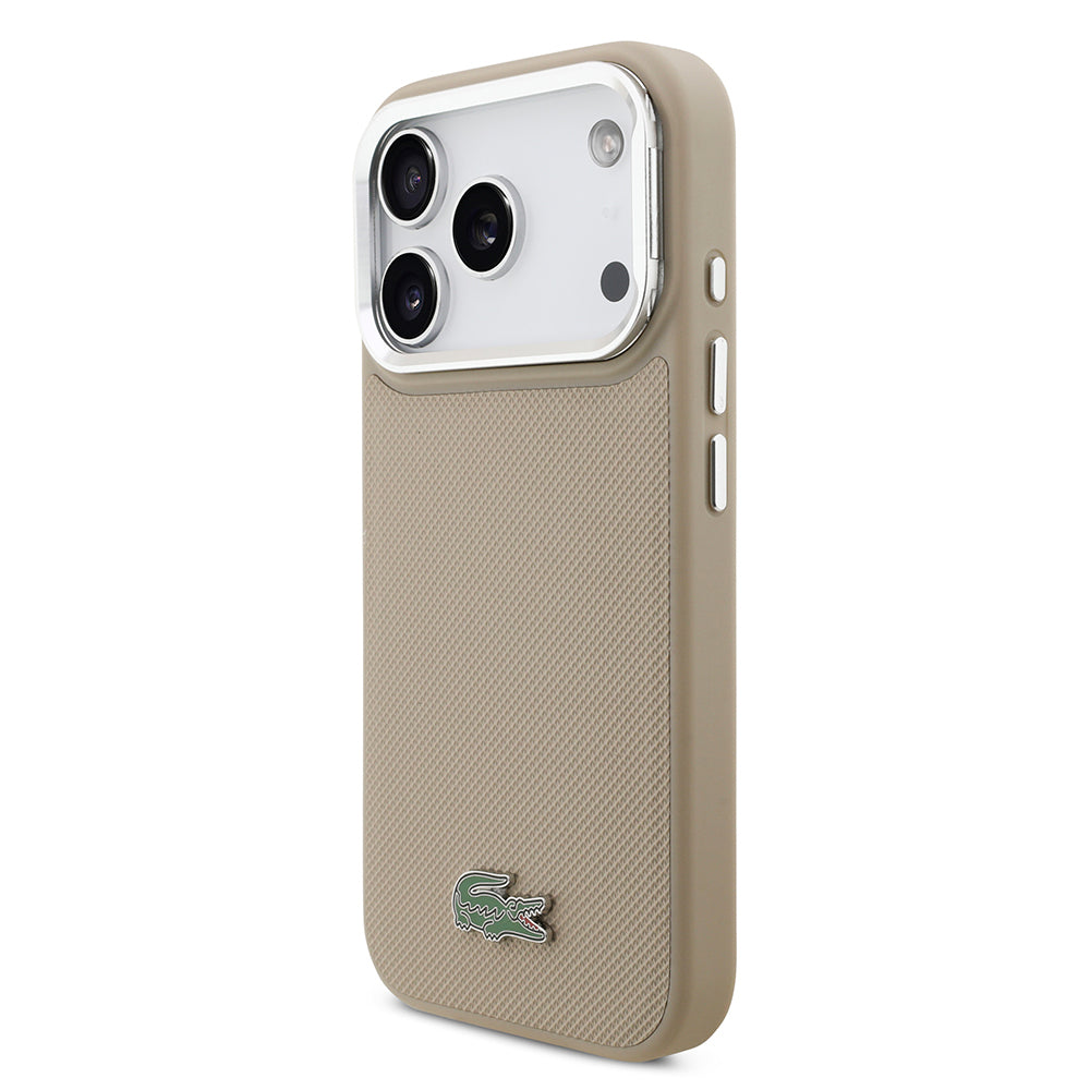 Apple iPhone 17 Pro Kılıf Lacoste Orjinal Lisanslı M-safe Şarj Özellikli PU Pike Desenli Standlı Metal Logolu Kapak Bej