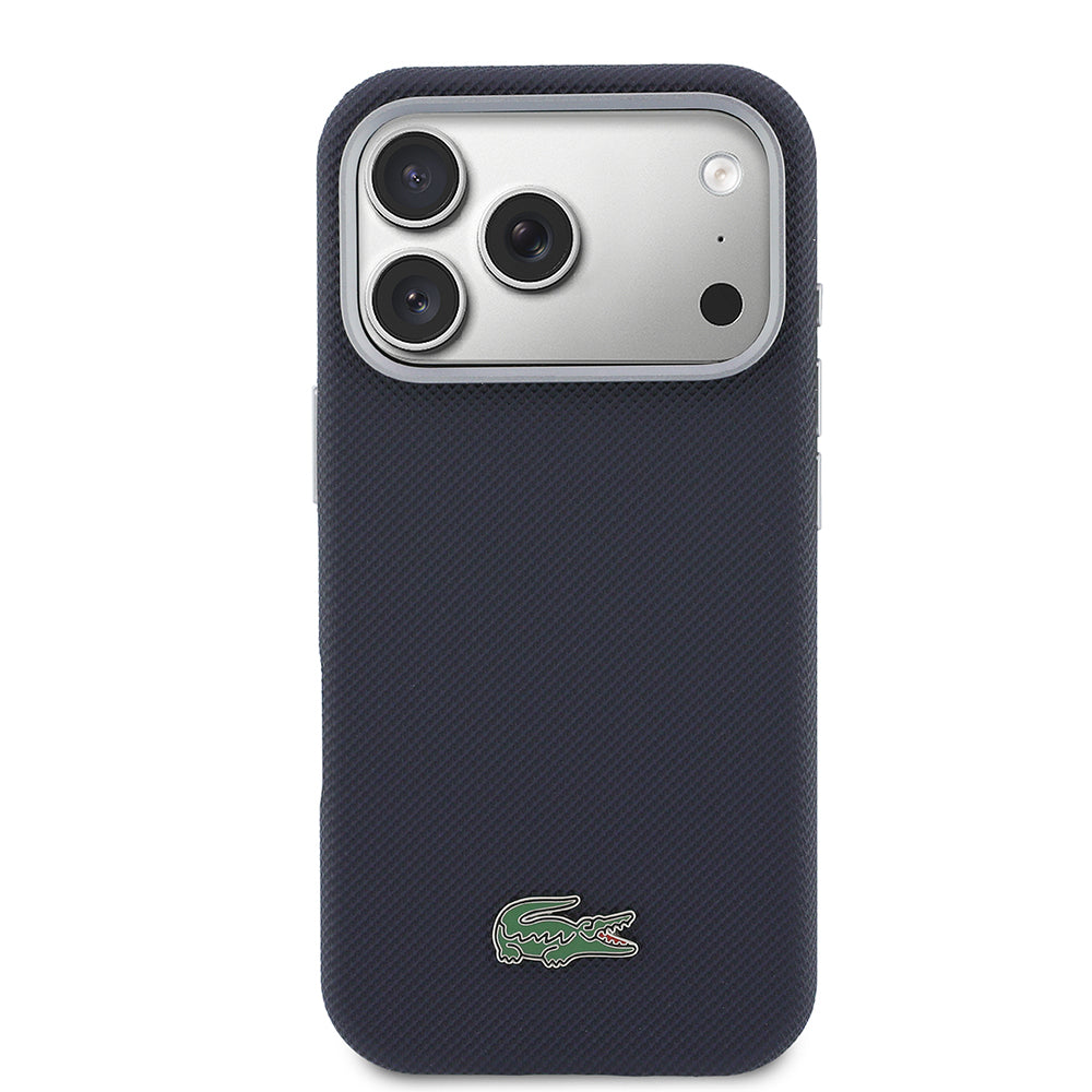 Apple iPhone 17 Pro Kılıf Lacoste Orjinal Lisanslı M-Safe Şarj Özellikli PVC Yarı Pike Desenli Arka Yüzey İkonik Timsah Dokuma Logolu Kapak Lacivert