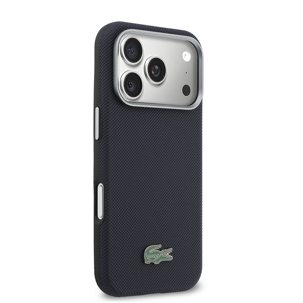 Apple iPhone 17 Pro Kılıf Lacoste Orjinal Lisanslı M-Safe Şarj Özellikli PVC Yarı Pike Desenli Arka Yüzey İkonik Timsah Dokuma Logolu Kapak Lacivert