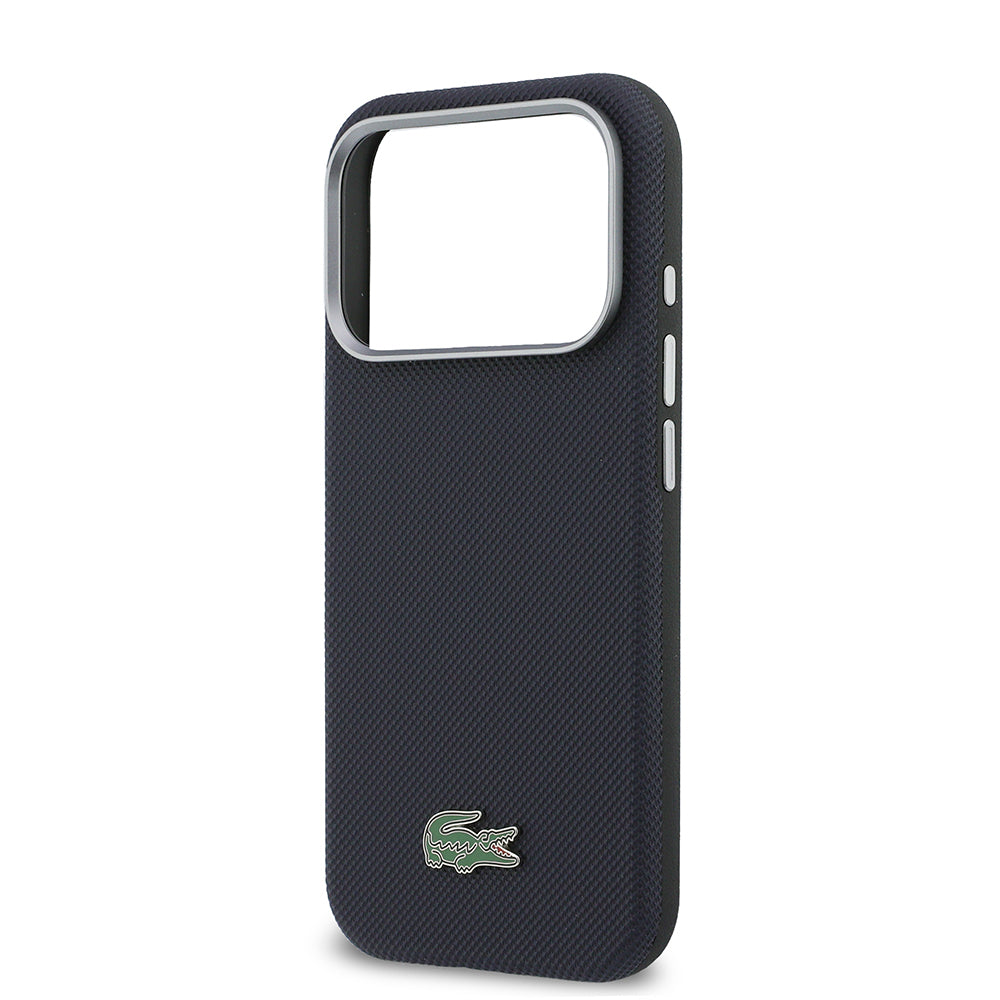 Apple iPhone 17 Pro Kılıf Lacoste Orjinal Lisanslı M-Safe Şarj Özellikli PVC Yarı Pike Desenli Arka Yüzey İkonik Timsah Dokuma Logolu Kapak Lacivert