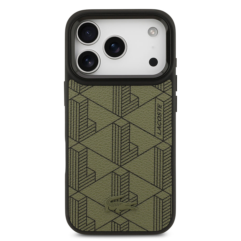 Apple iPhone 17 Pro Kılıf Lacoste Orjinal Lisanslı M-safe Şarj Özellikli Standlı PU Deri Karışık Monogram Desenli Kapak Yeşil