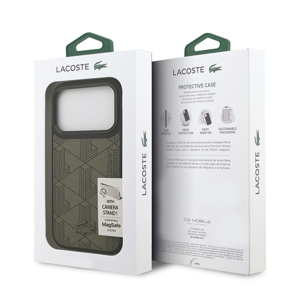 Apple iPhone 17 Pro Kılıf Lacoste Orjinal Lisanslı M-safe Şarj Özellikli Standlı PU Deri Karışık Monogram Desenli Kapak Yeşil